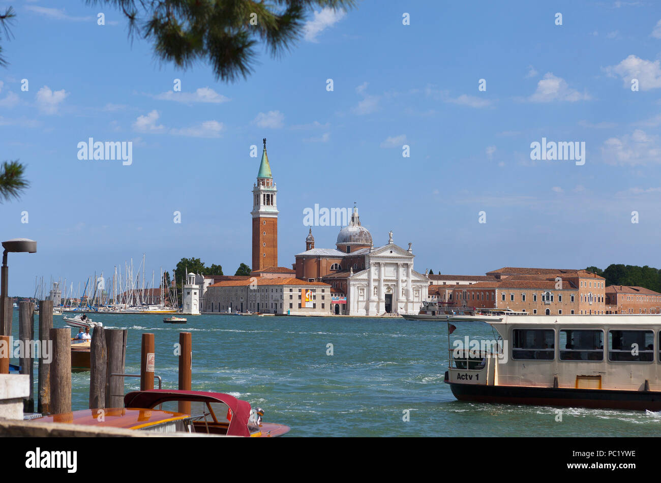 Church of San Giorgio Maggiore with boats, Venice Stock Photo