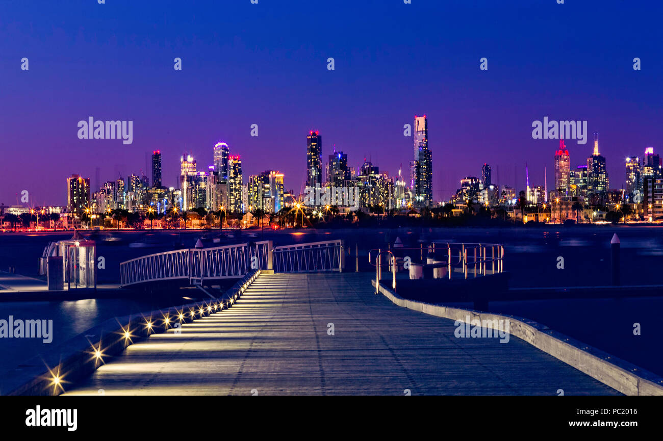 Melbourne City At Dusk As Seen From St Kilda Pier Stock Photo
