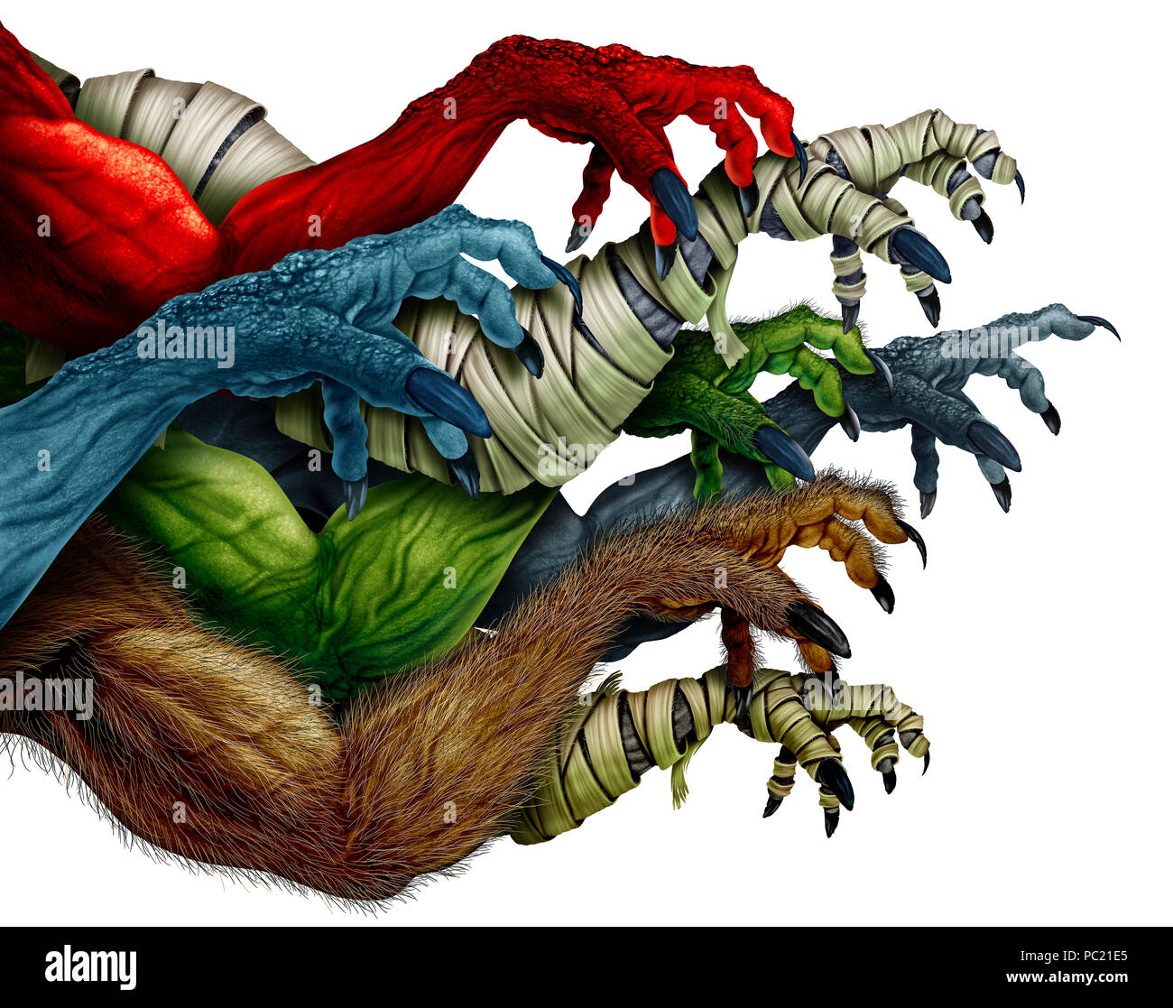Group of monster arms isolated on a white background as a grabbing zombie mummy werewolf and red demon as a creepy halloween design element. Stock Photo