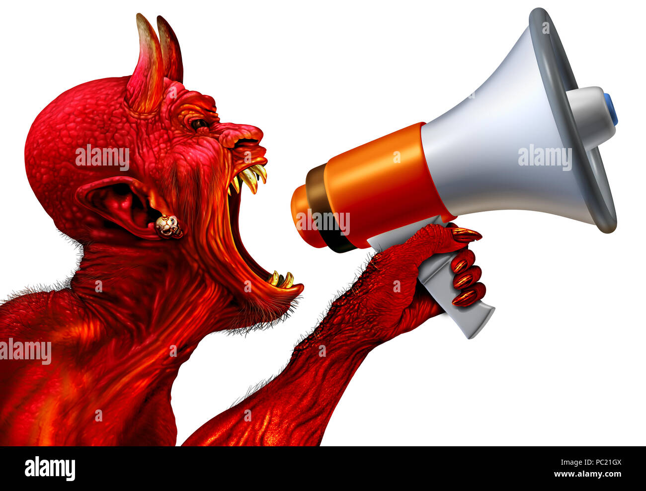 Demon announcement concept as a red devil monster holding a bullhorn or megaphone to announce news or promote halloween marketing and promotion. Stock Photo
