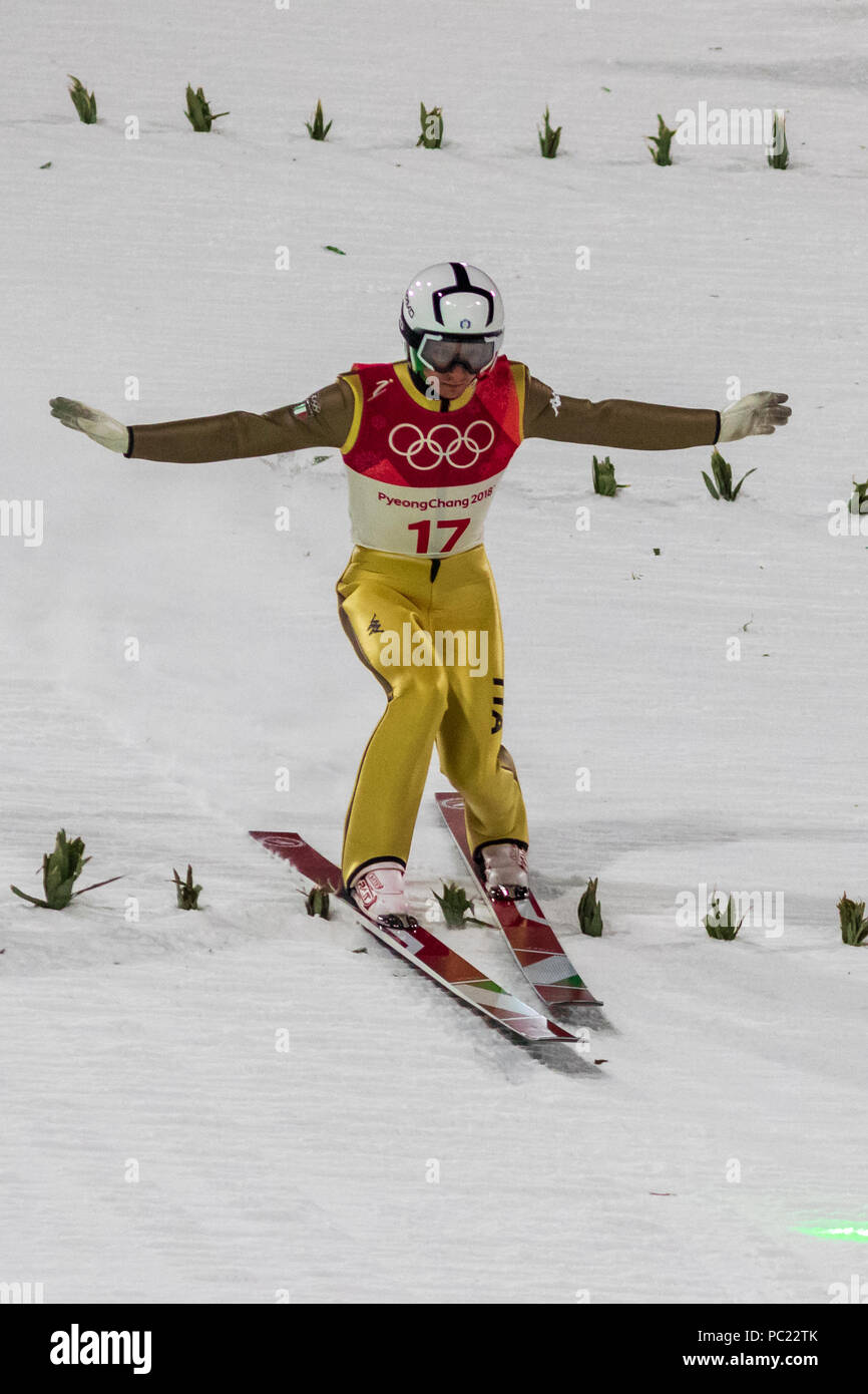 Sebastian Colloredo (ITA) competing in the Ski Jumping Men's Normal Hill qualification round at the Olympic Winter Games PyeongChang 2018 Stock Photo