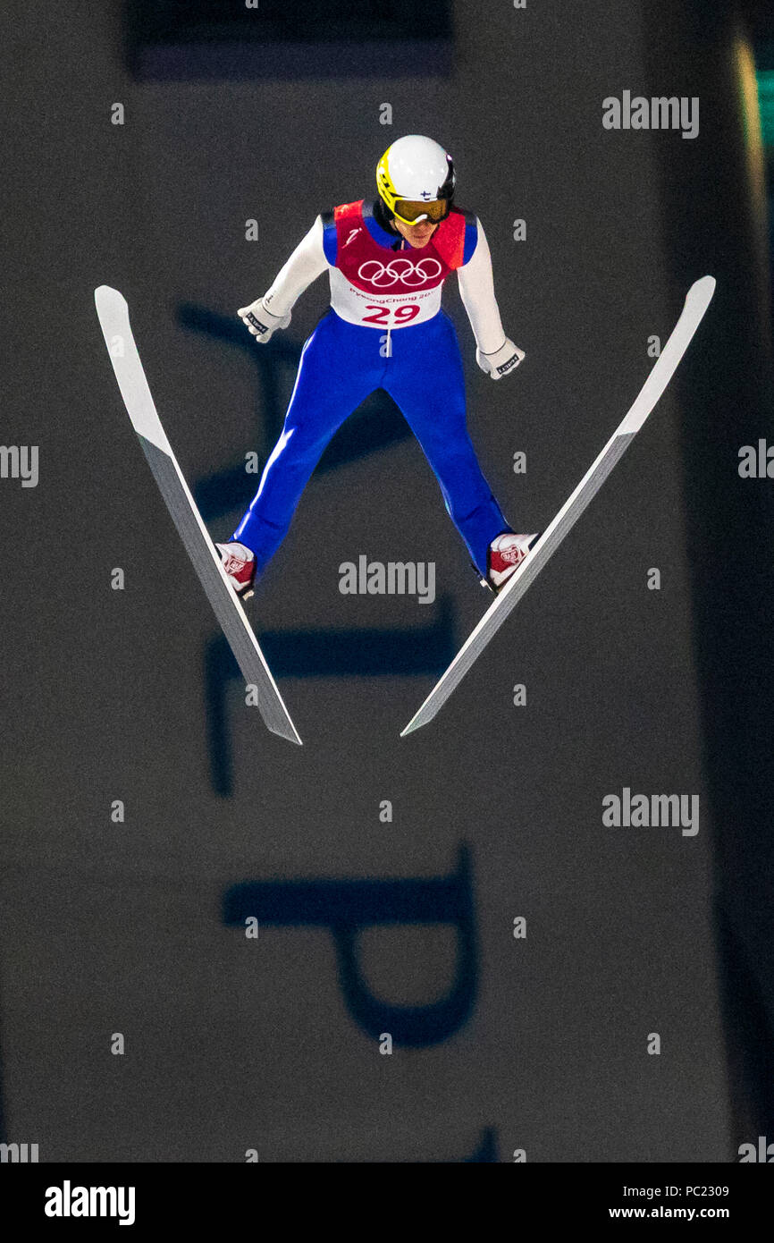 Antti Aalto (FIN) competing in the Ski Jumping Men's Normal Hill qualification round at the Olympic Winter Games PyeongChang 2018 Stock Photo