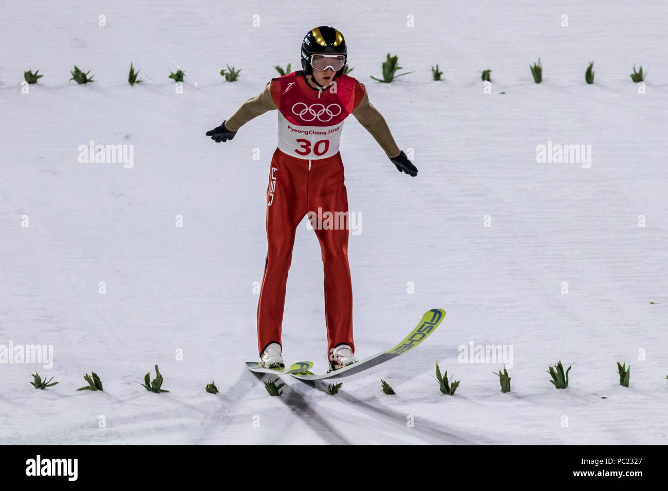 Kevin Bickner (USA) competing in the Ski Jumping Men's Normal Hill qualification round at the Olympic Winter Games PyeongChang 2018 Stock Photo
