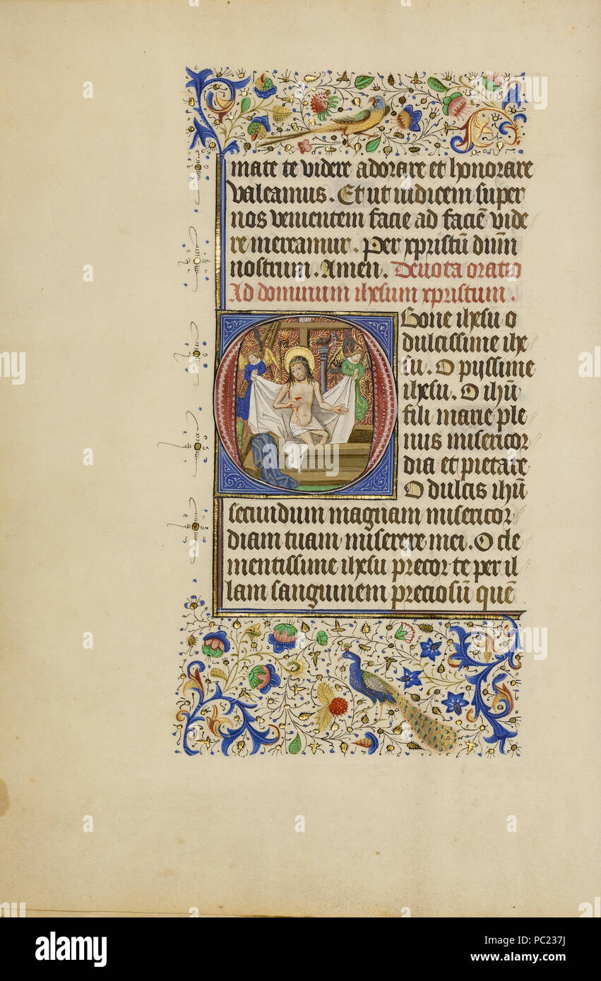 Initial O: The Man of Sorrows; Master of the Llangattock Hours, Flemish, active about 1450 - 1460; Bruges (illuminated), Belgium, Europe; 1450s; Tempera colors, gold leaf, gold paint, and ink on parchment; Leaf: 26.4 x 18.4 cm (10 3/8 x 7 1/4 in.); 83.ML.103.14v 390 Man of Sorrows Llangattock Hours Stock Photo