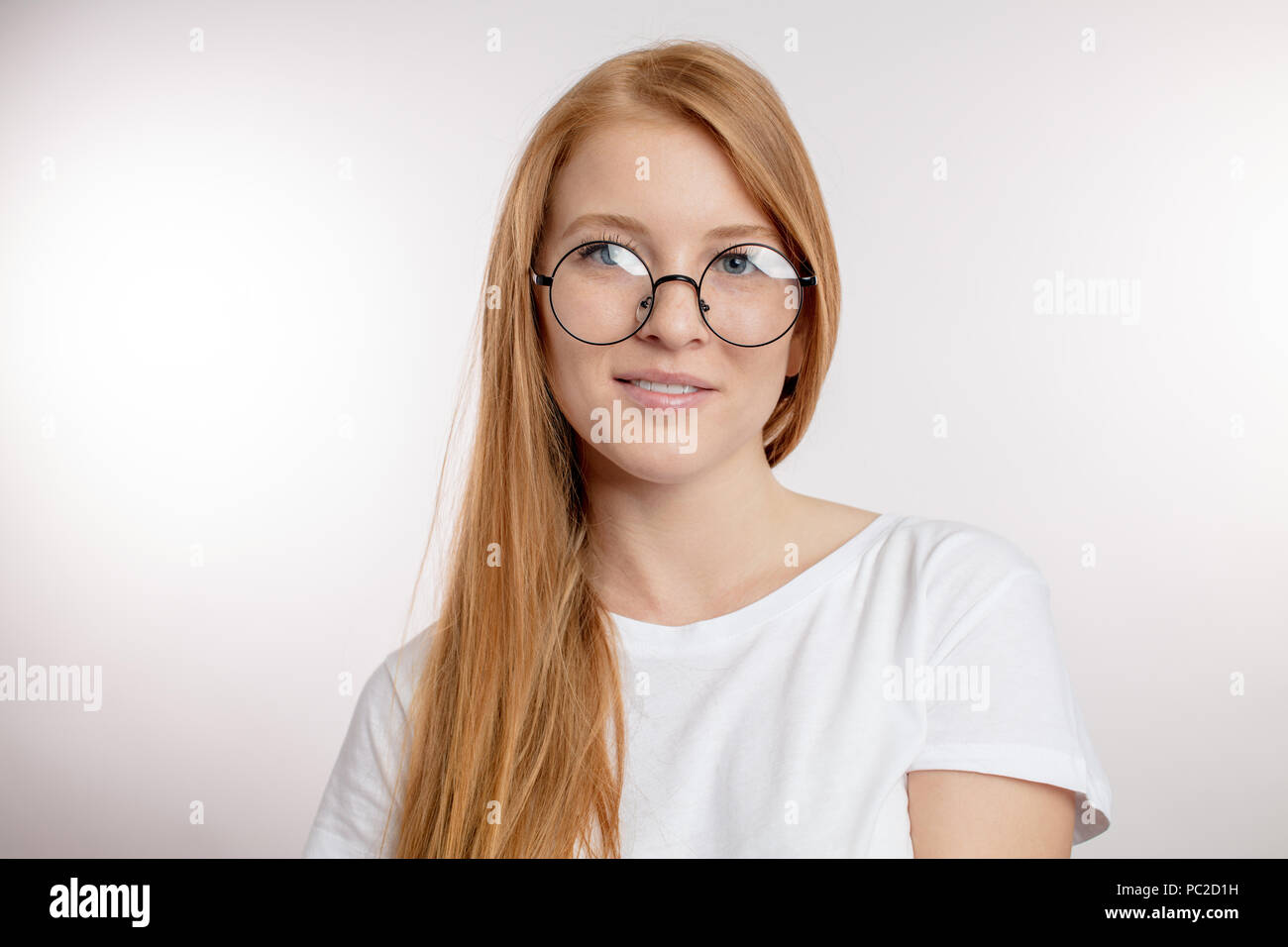 Beautiful Ginger Woman With Round Glasses Cute Girl With Long Red