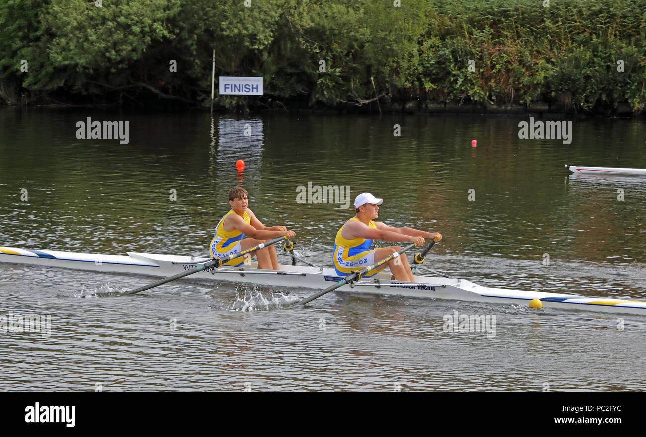 WRC, J14 Doubles, at Warrington Rowing Club 2018 Summer regatta, Howley lane, Mersey River, Cheshire, North West England, UK Stock Photo