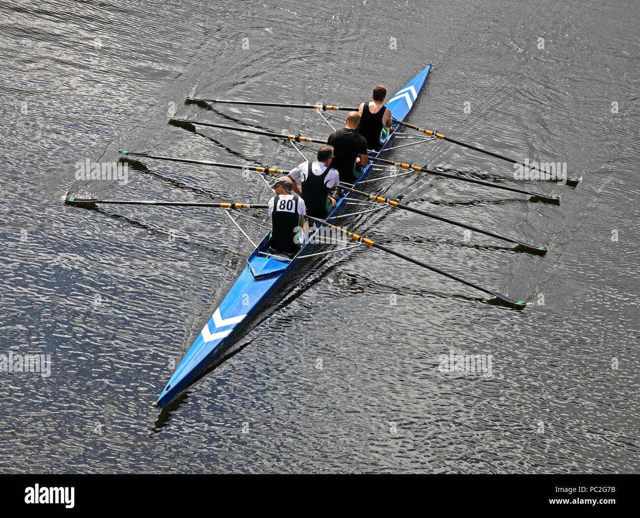 Trafford Rowing Club mens coxless quads, at Warrington Rowing Club 2018 Summer regatta, Howley lane, Mersey River, Cheshire, North West England, UK Stock Photo