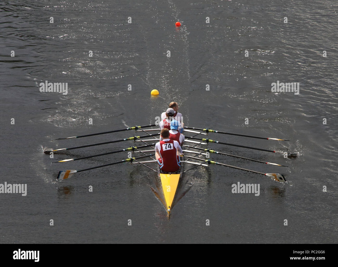 Tees Rowing Club, coxless quad, at Warrington Rowing Club 2018 Summer regatta, Howley lane, Mersey River, Cheshire, North West England, UK Stock Photo