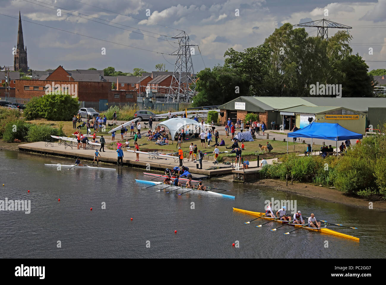 View from Kingsway Bridge, of Warrington Rowing Club 2018 Summer regatta, Howley lane, Mersey River, Cheshire, North West England, UK Stock Photo