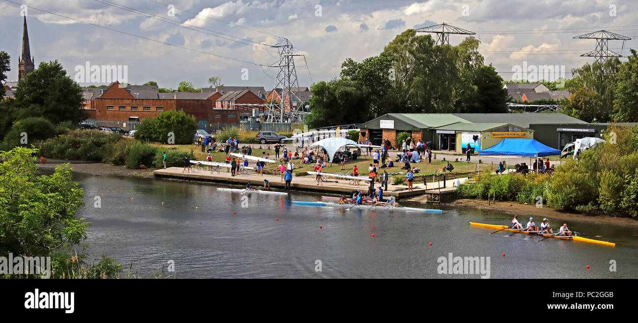 View from Kingsway Bridge, of Warrington Rowing Club 2018 Summer regatta, Howley lane, Mersey River, Cheshire, North West England, UK Stock Photo
