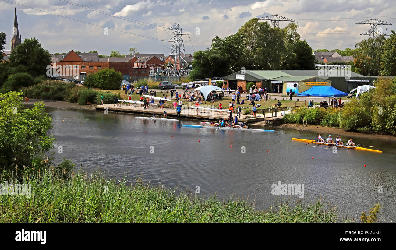 View from Kingsway Bridge, of Warrington Rowing Club 2018 Summer regatta, Howley lane, Mersey River, Cheshire, North West England, UK Stock Photo