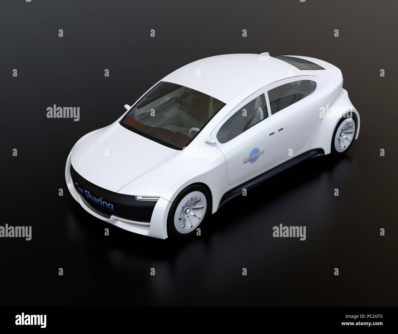 White electric car on black background. 3D rendering image. Stock Photo