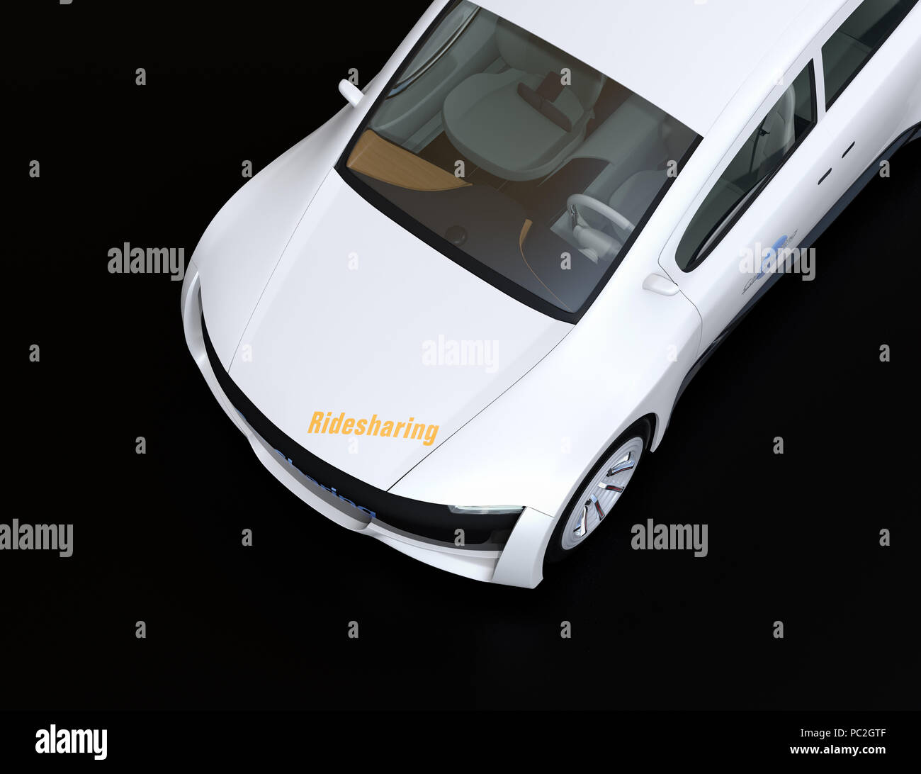 Close-up view of white electric car on black background. 3D rendering image. Stock Photo