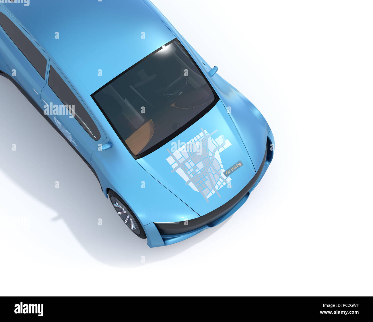 Close-up view of metallic blue electric car isolated on white background. Car sharing graphic on the hood. 3D rendering image. Stock Photo