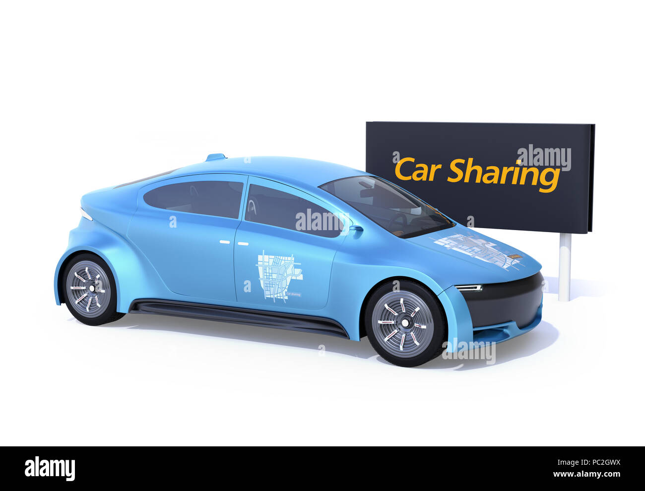 Side view of metallic blue electric car and car sharing billboard on white background. Car sharing concept. 3D rendering image. Stock Photo