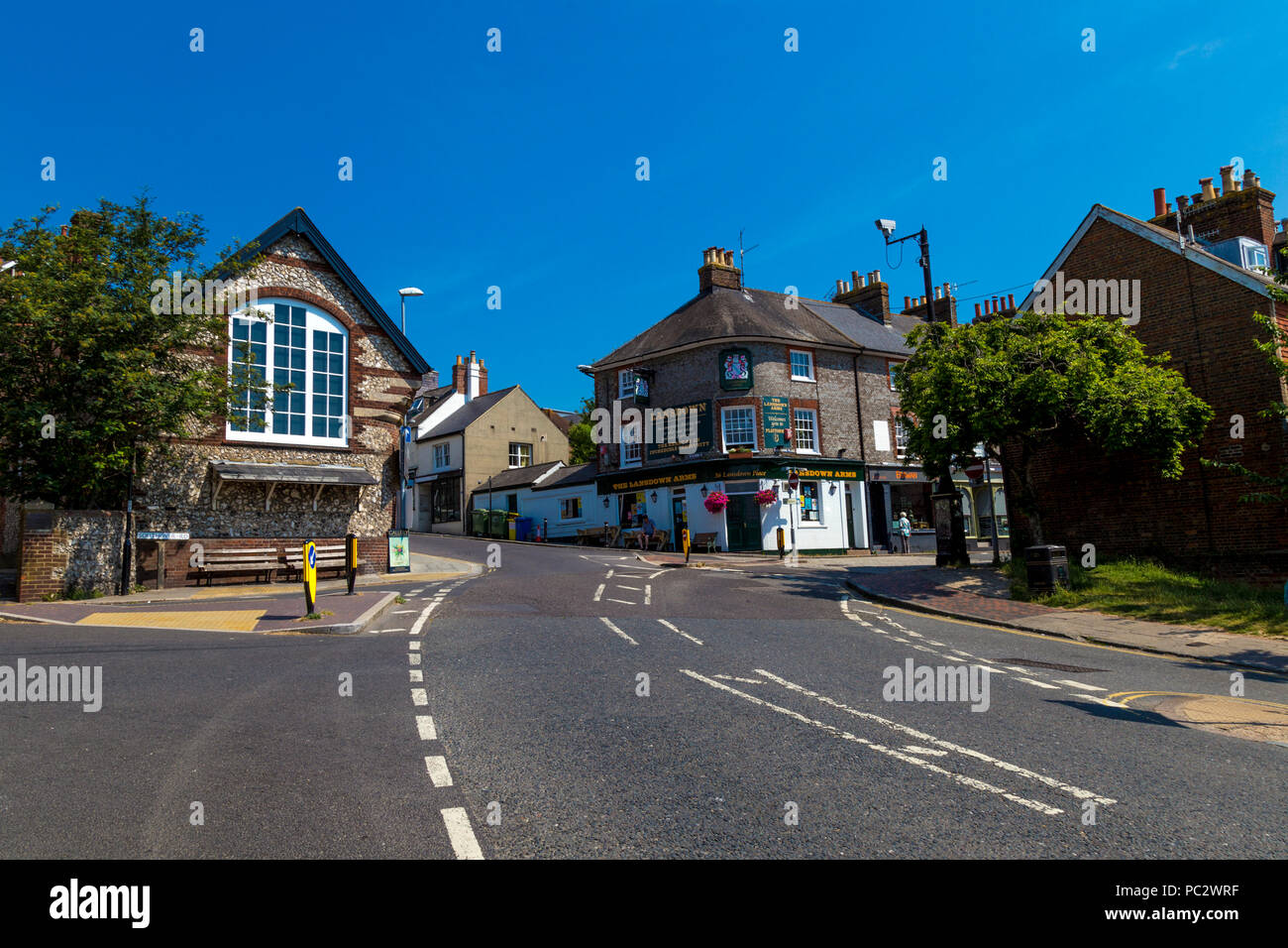 A traditional English town, a street in Lewes with Kingdom Hall on the left and The Lansdown Arms pub on the right, UK Stock Photo