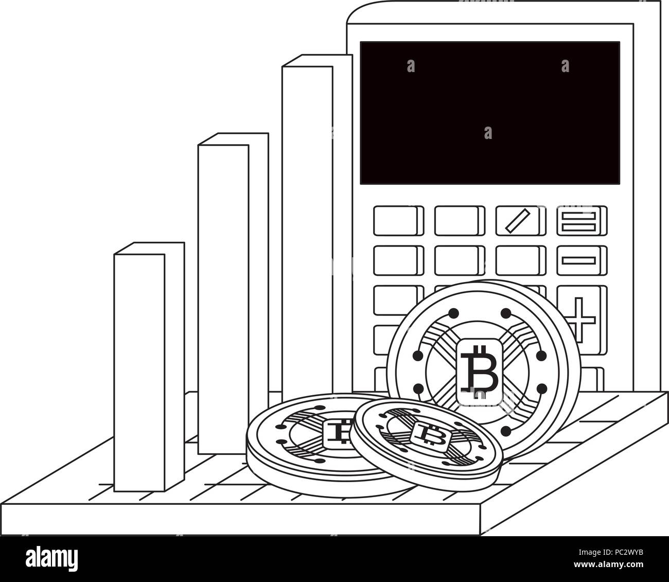 bar chart with calculator and cryptocoins over white background, vector illustration Stock Vector