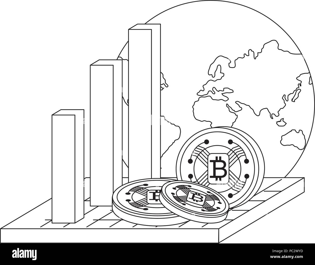 bar chart with earth planet and cryptocoins over white background, vector illustration Stock Vector