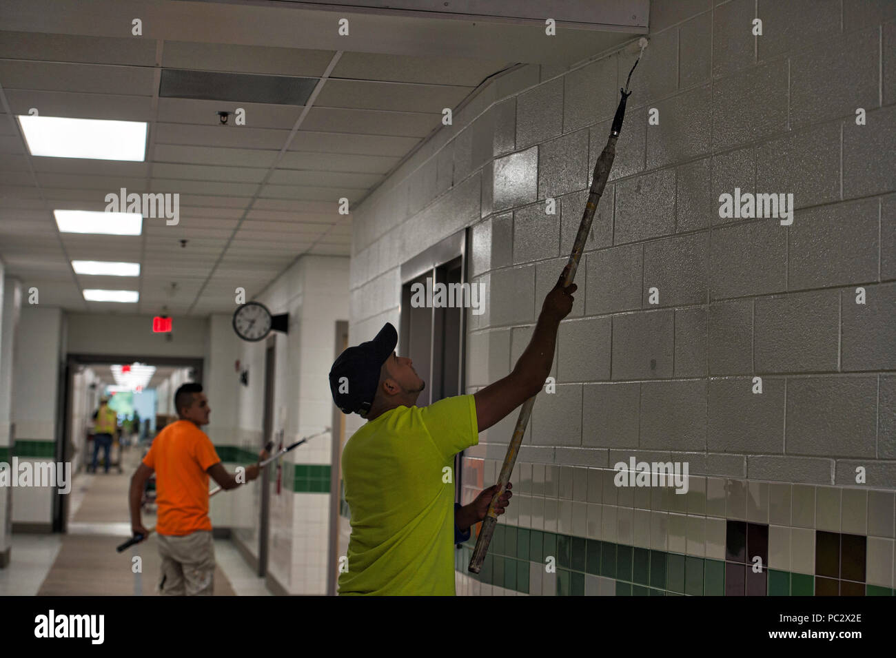 UNITED STATES: July 30, 2018: Workers put the finial touches on Willard Intermediate School that opens to students in less than a month in Aldie. (Pho Stock Photo