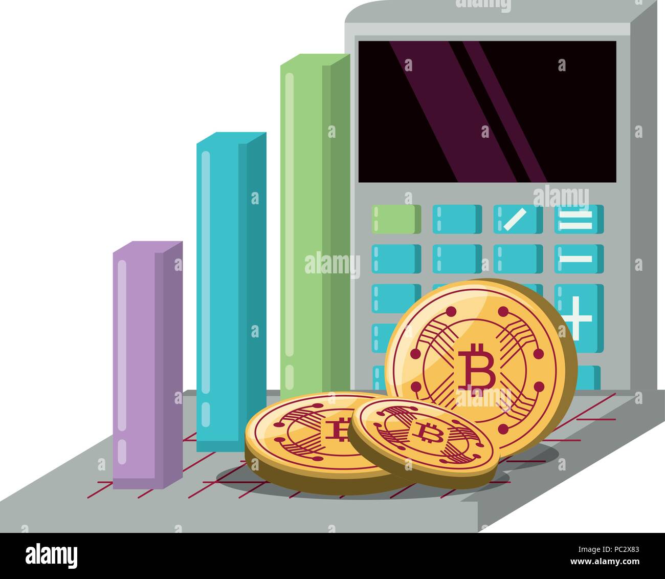 bar chart with calculator and cryptocoins over white background, vector illustration Stock Vector