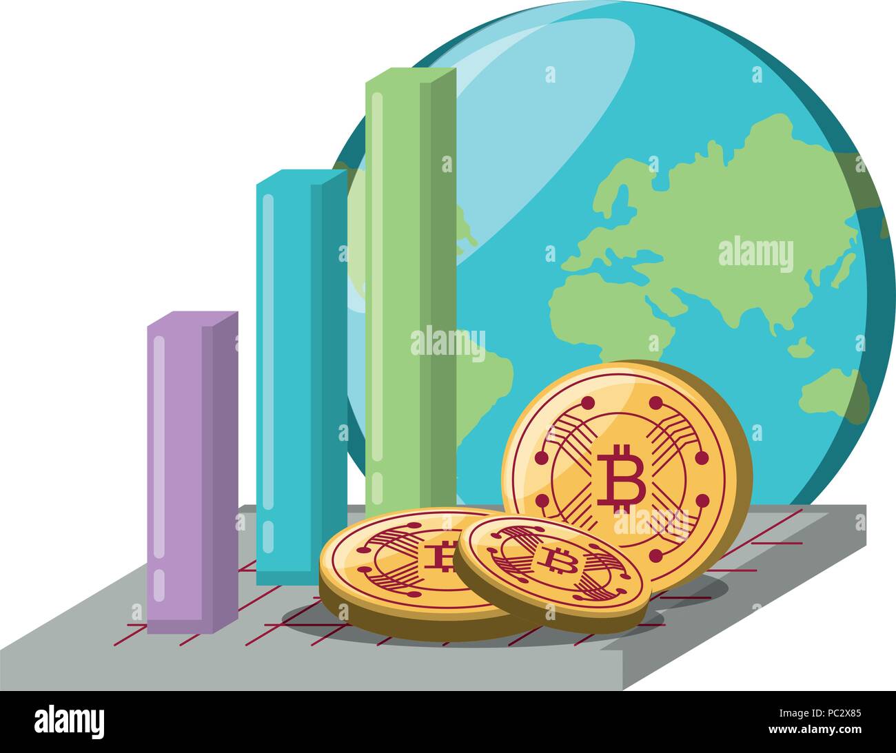 bar chart with earth planet and cryptocoins over white background, vector illustration Stock Vector