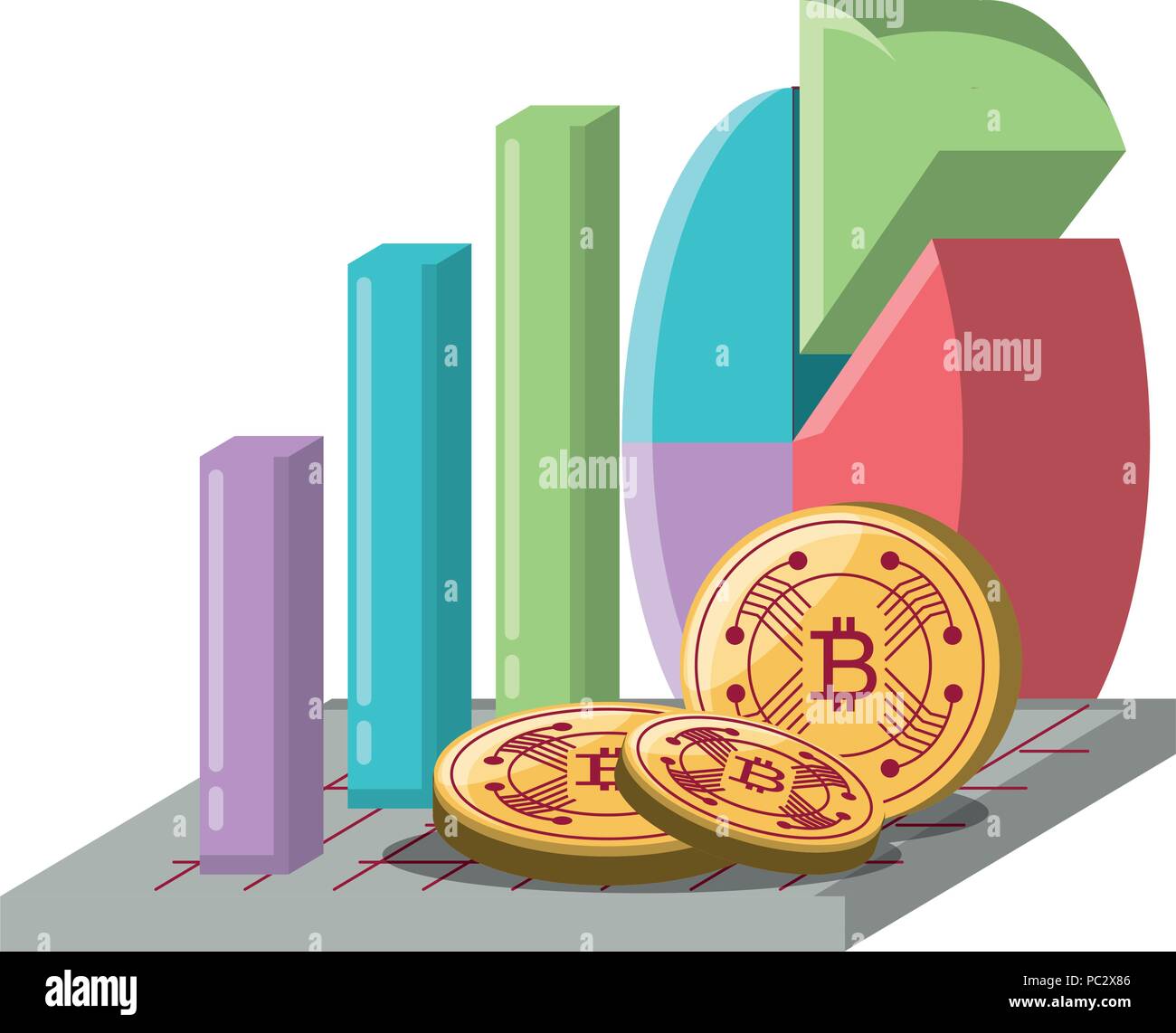 bar and pie chart with cryptocoins over white background, vector illustration Stock Vector