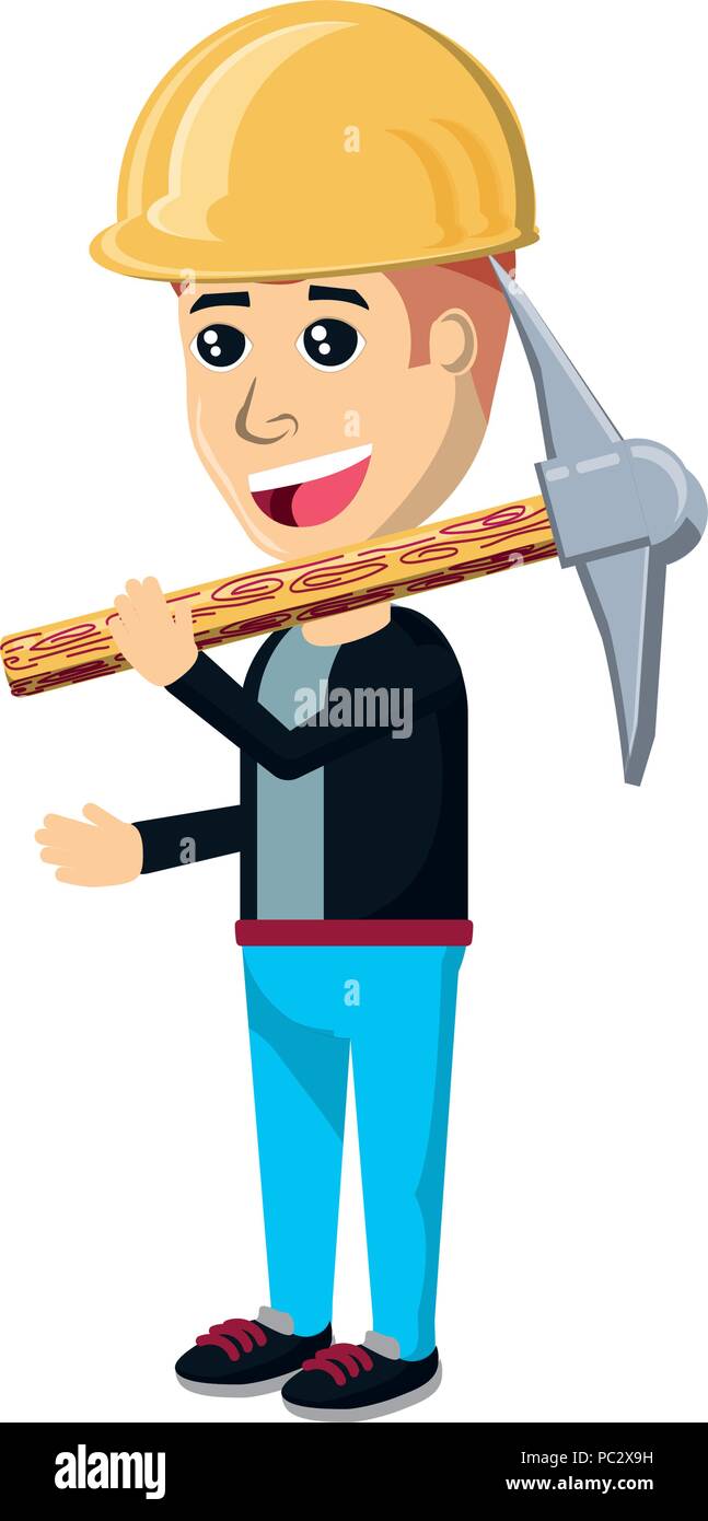 cartoon man holding a pickaxe and wearing a industrial helmet over white background, vector illustration Stock Vector