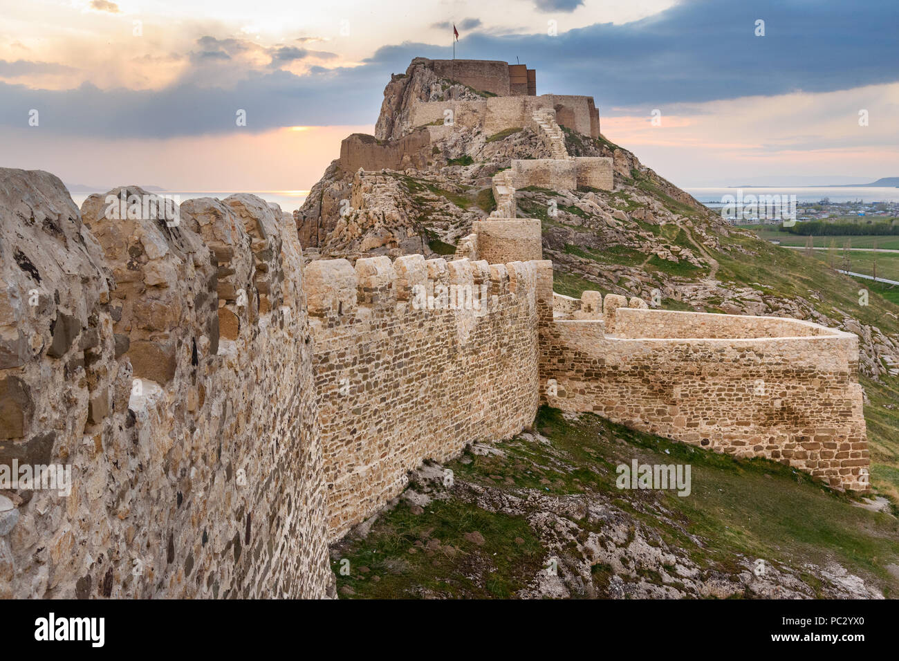 Van castle on sunset. Fortress built during the 9th to 7th centuries BC. Turkey Stock Photo