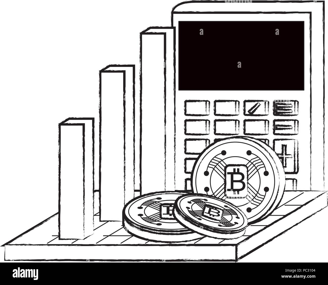 bar chart with calculator and cryptocoins over white background, vector illustration Stock Vector