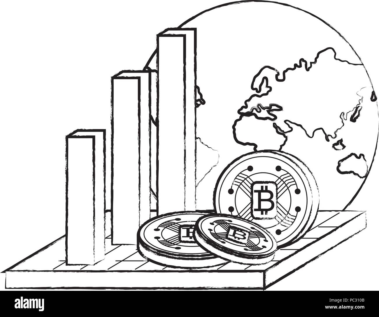 bar chart with earth planet and cryptocoins over white background, vector illustration Stock Vector