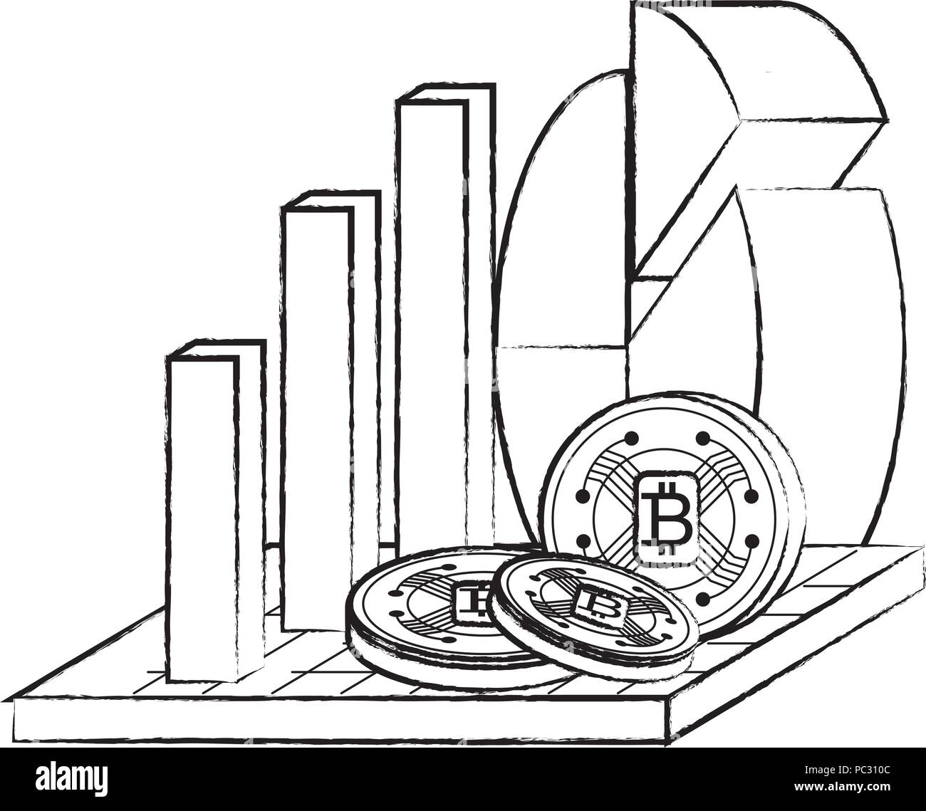 bar and pie chart with cryptocoins over white background, vector illustration Stock Vector