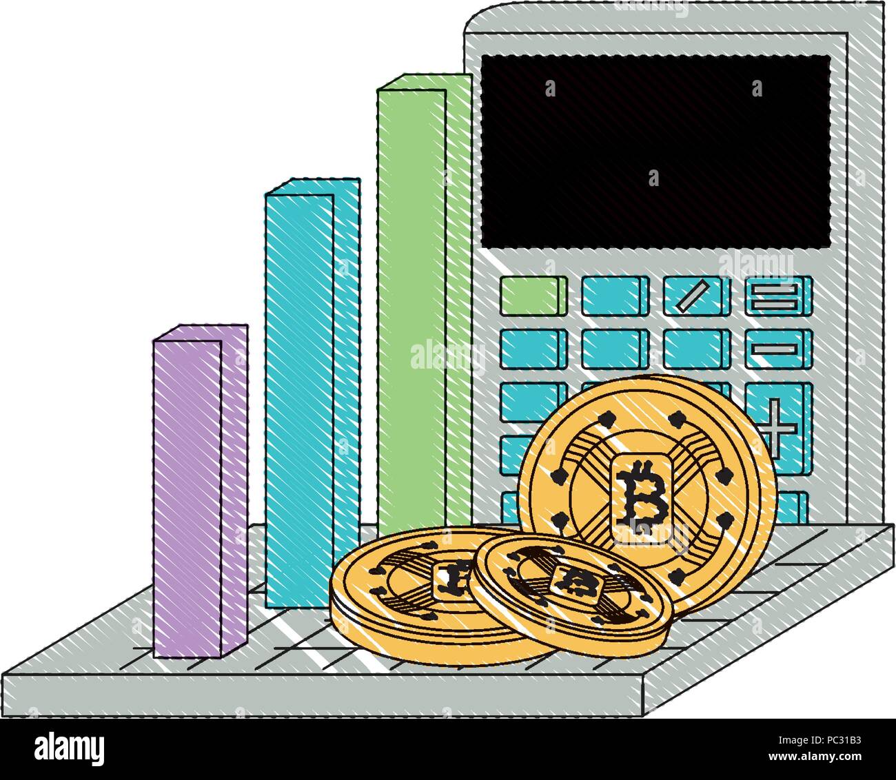 bar chart with calculator and cryptocoins over white background, vector illustration Stock Vector