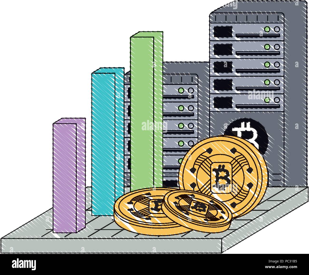bar chart with bitcoin database and cryptocoins over white background ...