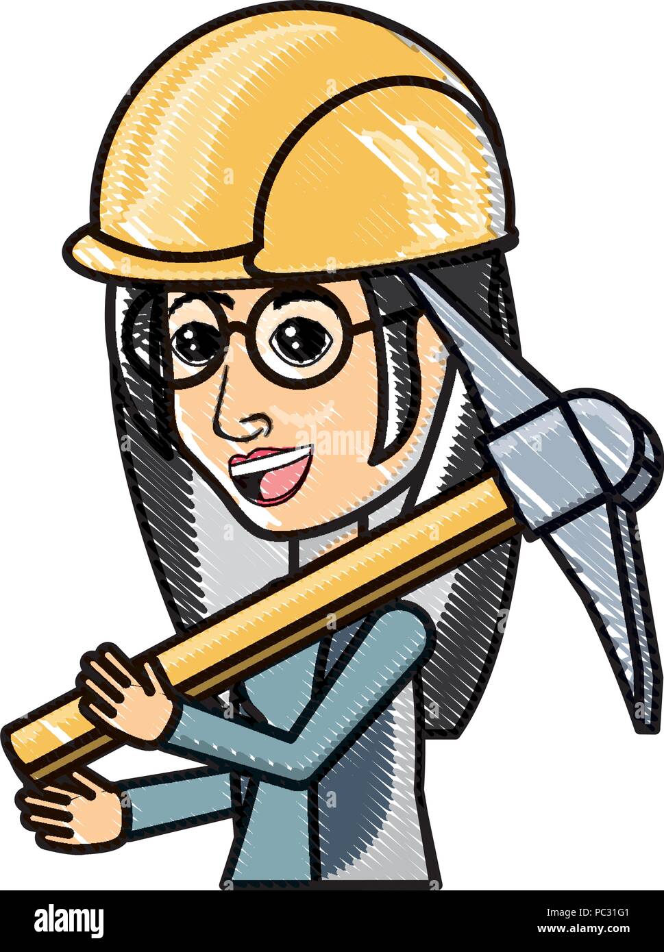 cartoon woman holding a pickaxe and wearing a industrial helmet over white background, vector illustration Stock Vector