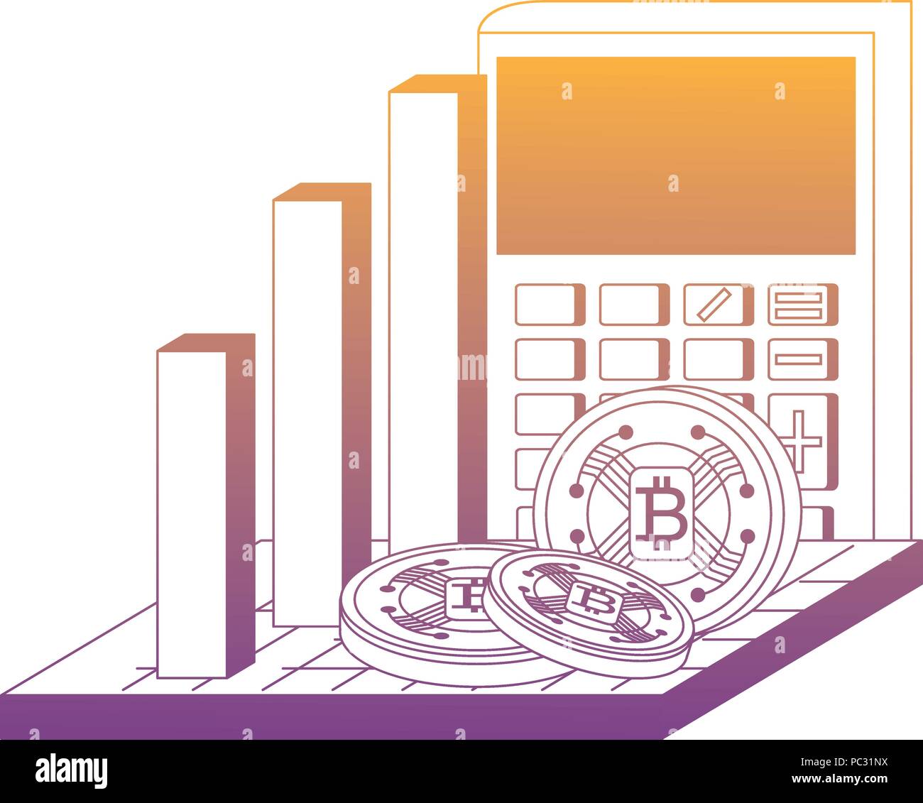 bar chart with calculator and cryptocoins over white background, vector illustration Stock Vector