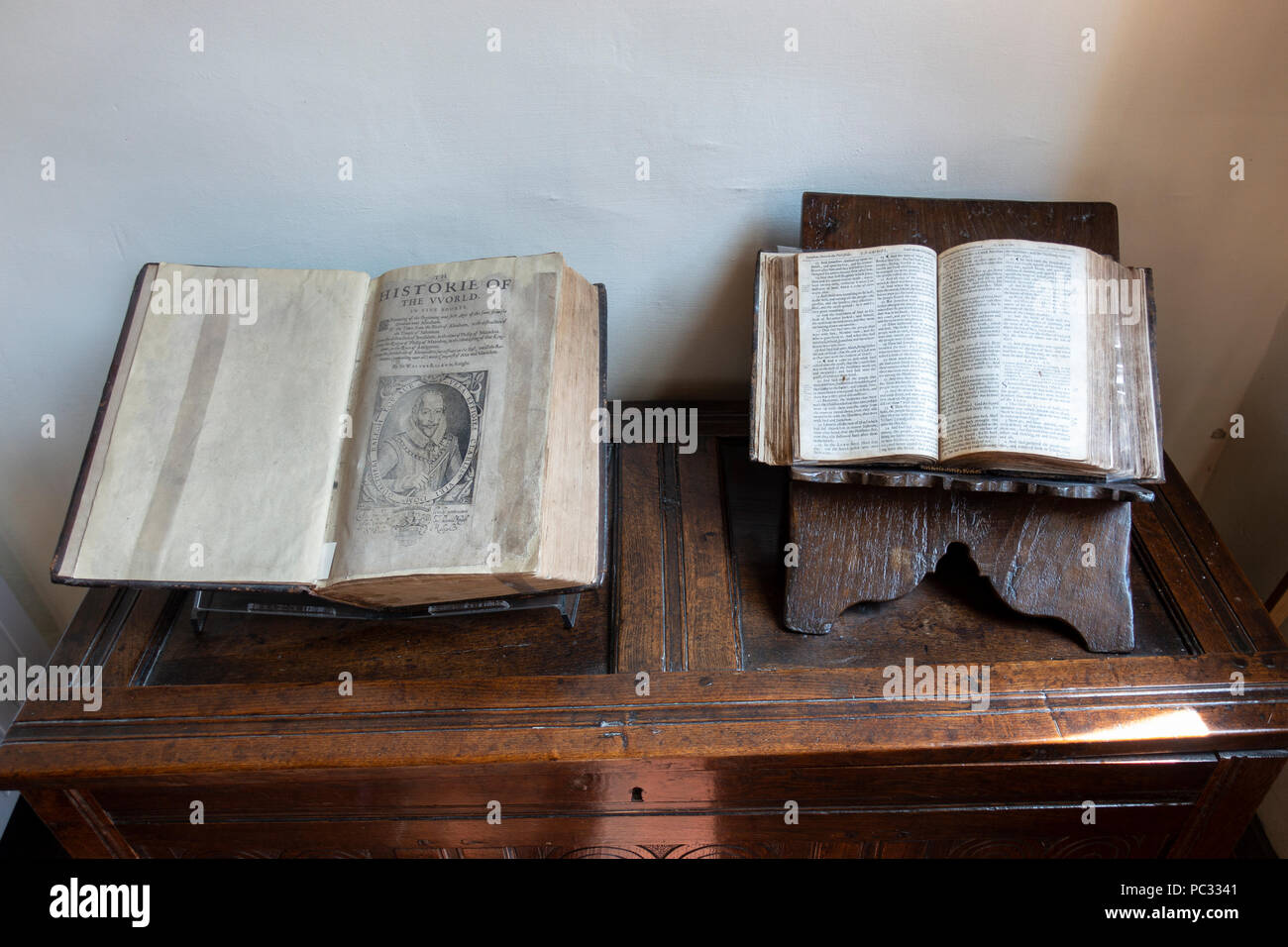Old books on display inside  Gladstones Land historic building on Royal Mile in Old Town of Edinburgh, Scotland, Uk Stock Photo