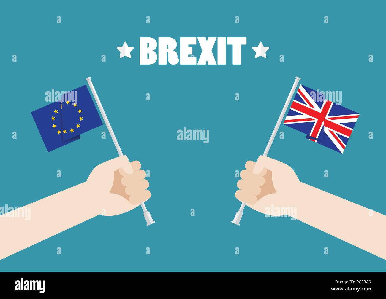 Hands holding European Union and British Union Jack flags. Vector