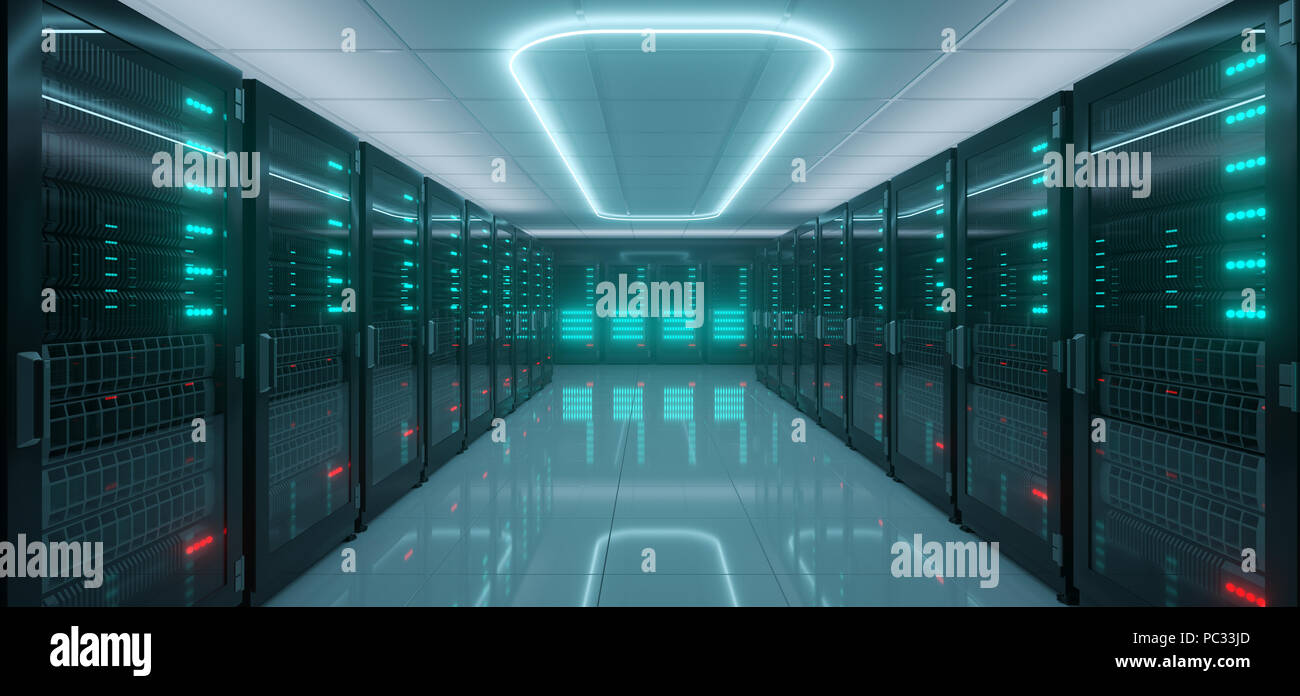 Modern Hi-Tech IT Server Rack Room With A lot Servers With Glowing Lights  On Reflective Floor And Neon Light On The Ceiling Glowing Dark Blue  Artifici Stock Photo - Alamy