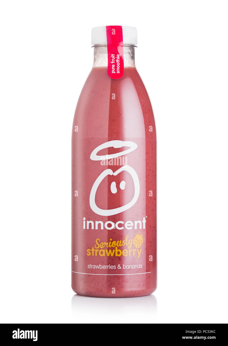 LONDON, UK - AUGUST 10, 2018: Bottle of Innocent organic smoothie juice drink with strawberry and banana flavour on white. Stock Photo