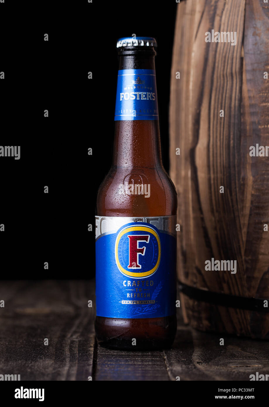 LONDON, UK AUGUST 10, 2018 Cold bottle of fosters beer next to