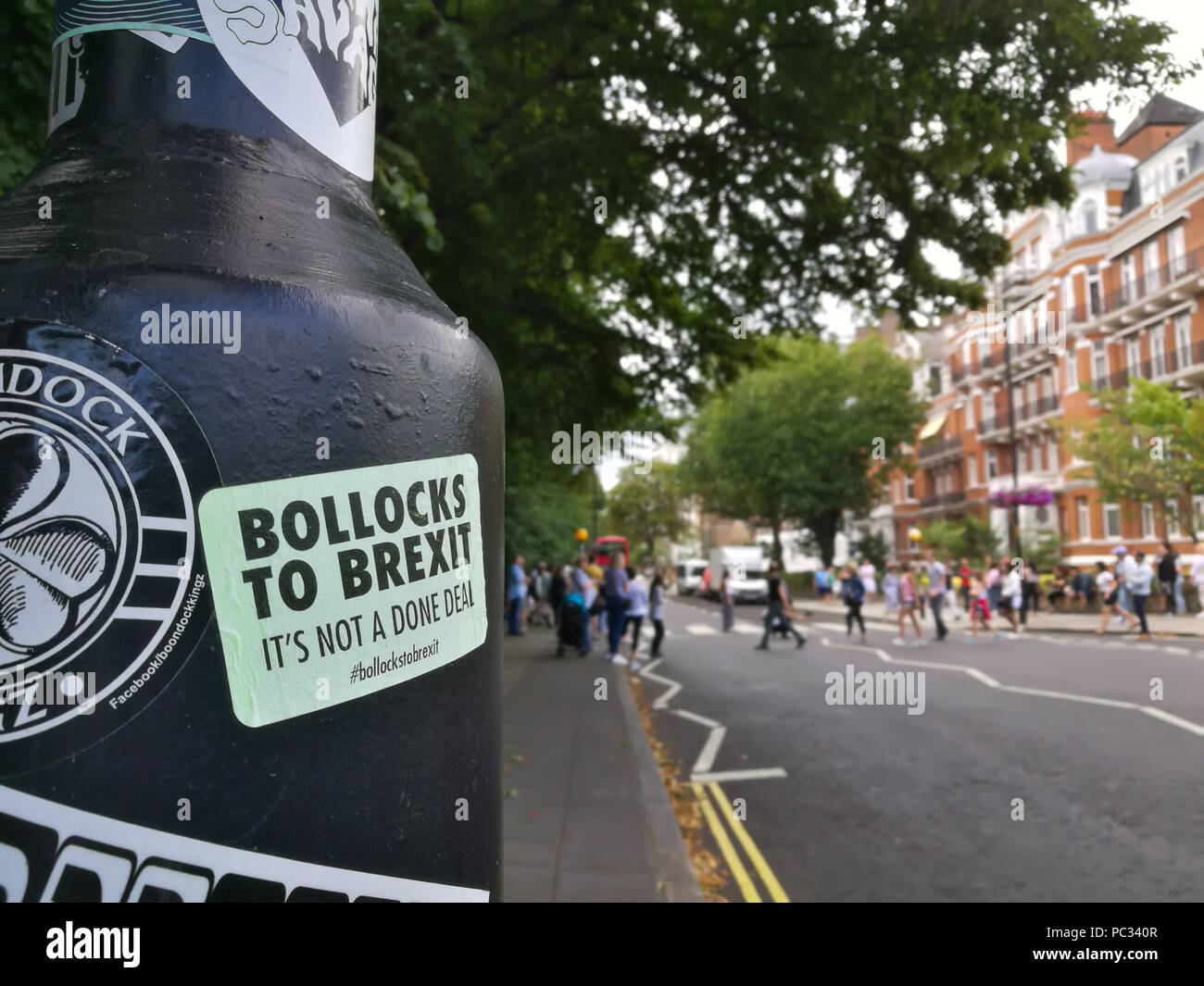 Anti-BREXIT sticker on a lamp post near Abbey Road Studios and the famous zebra crossing, London NW8. Stock Photo