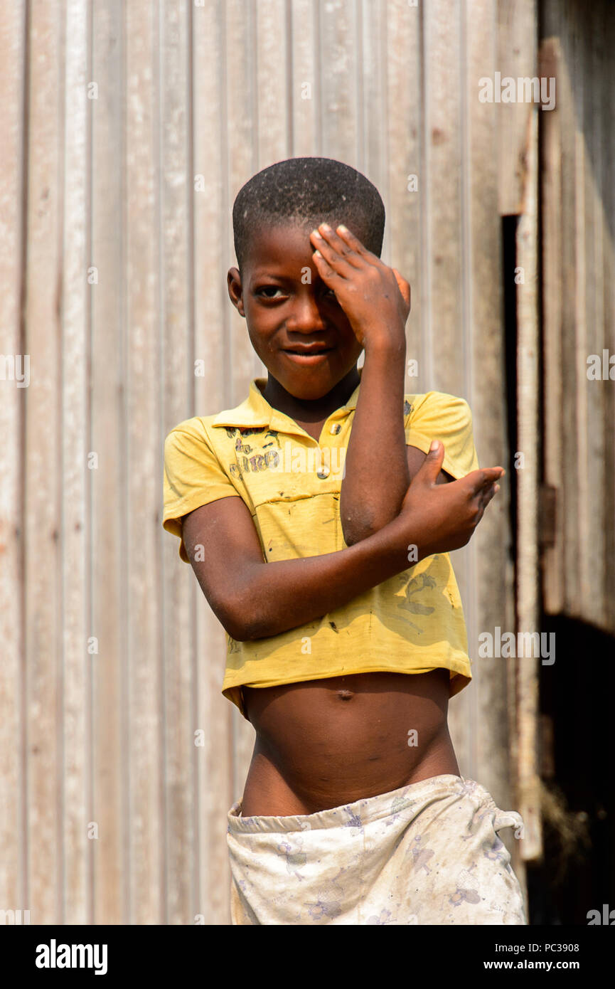 GANVIE, BENIN JAN 11, 2017 Unidentified Beninese little boy makes