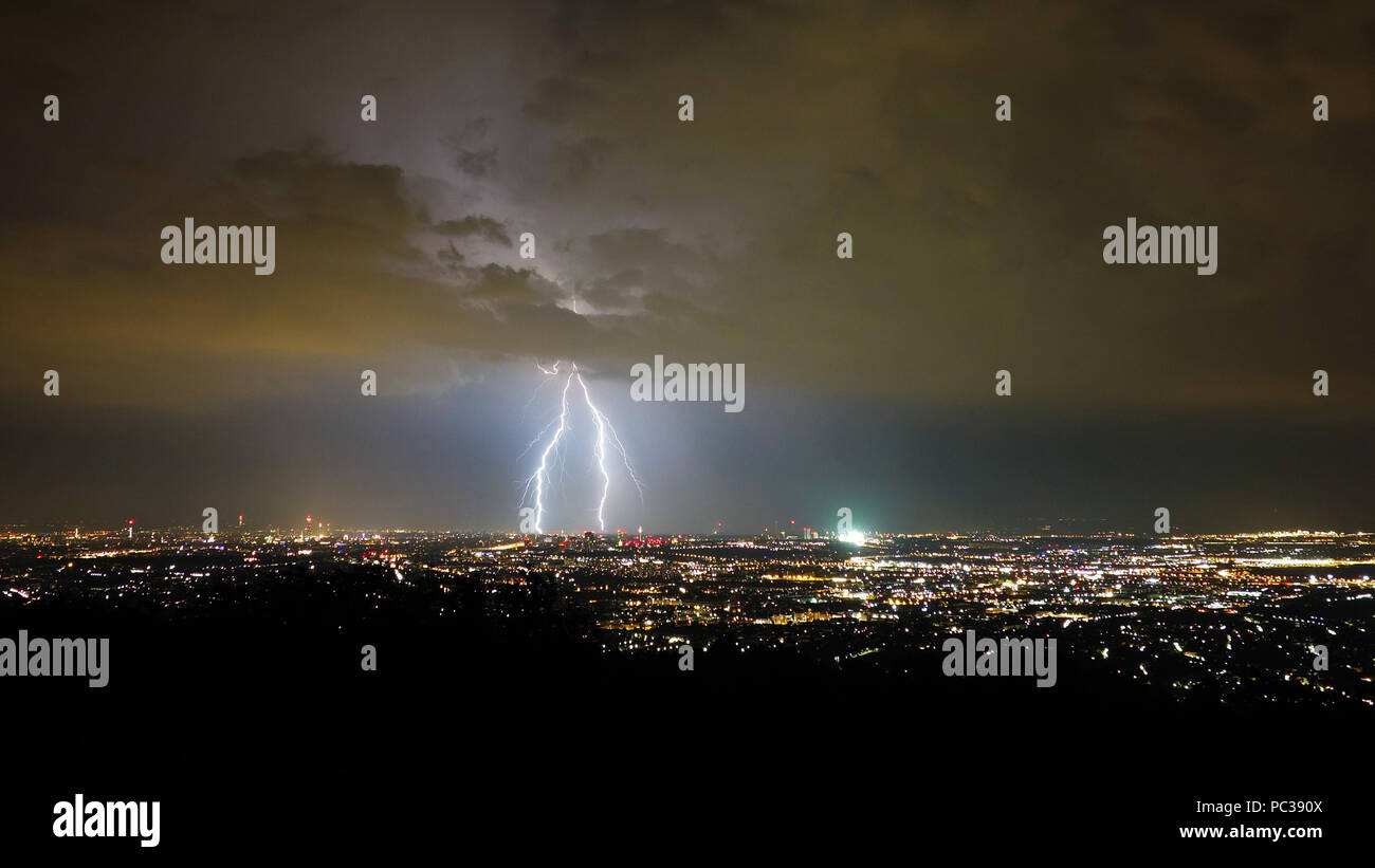 Storm and lightning in the night over Vienna City, Austria Stock Photo