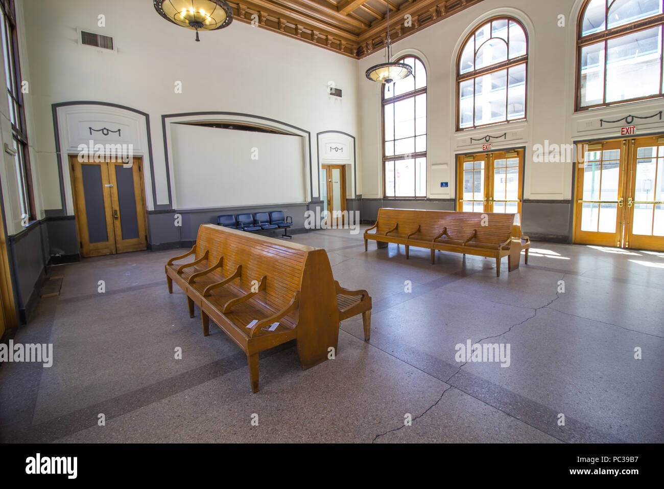 Vintage Wooden Benches In Old Train Depot Waiting Area Stock Photo