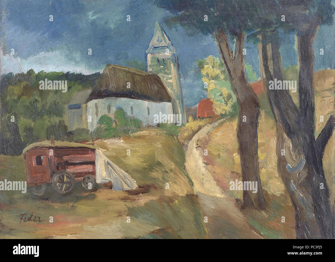Adolphe Feder Village landscape with carriage. Stock Photo