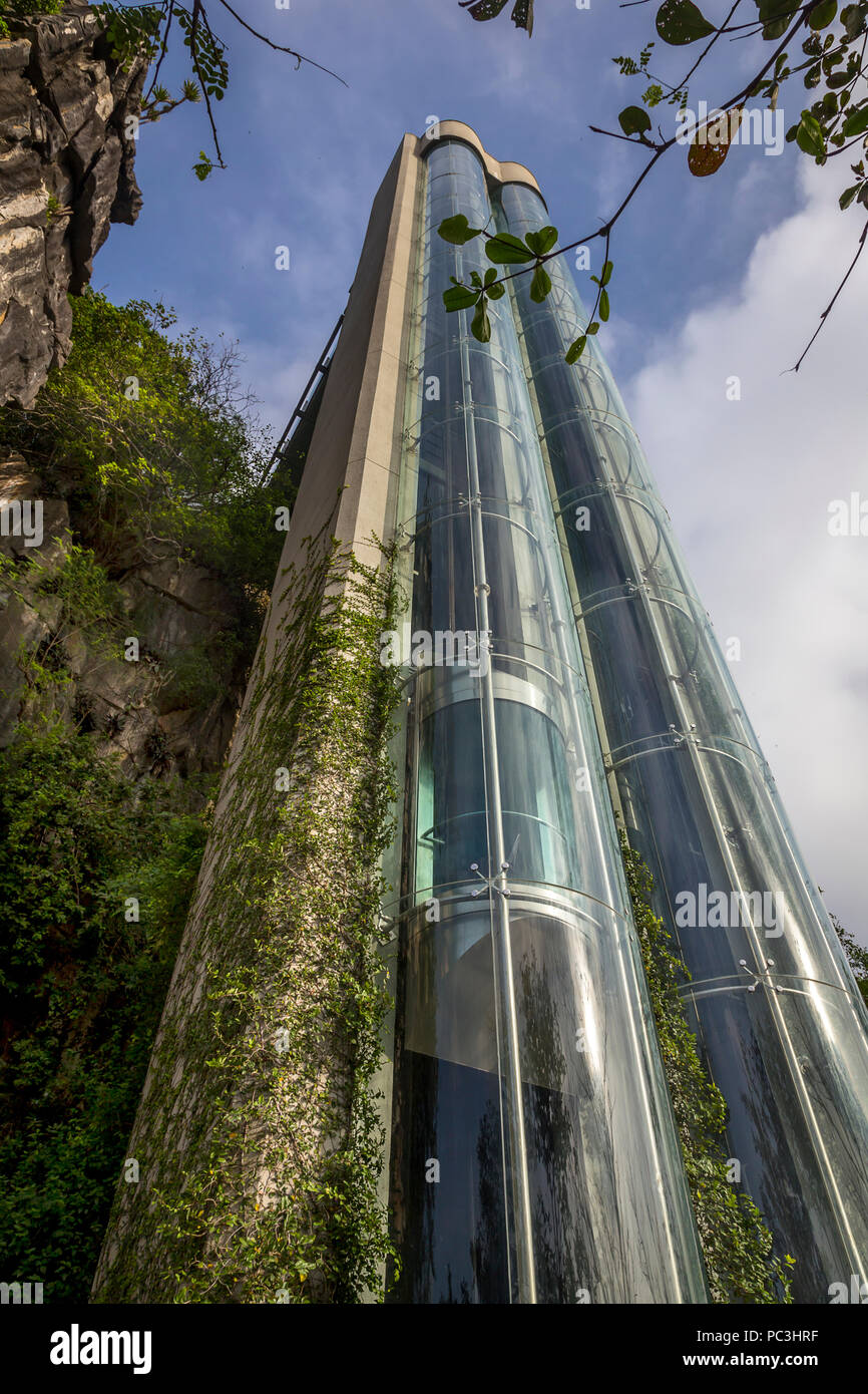 The glass elevator the takes tourists up to the top of Marble Mountain Stock Photo