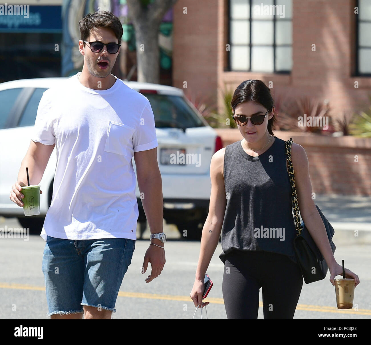 Lucy Hale has lunch and coffee drinks at Joan's On Third with a male