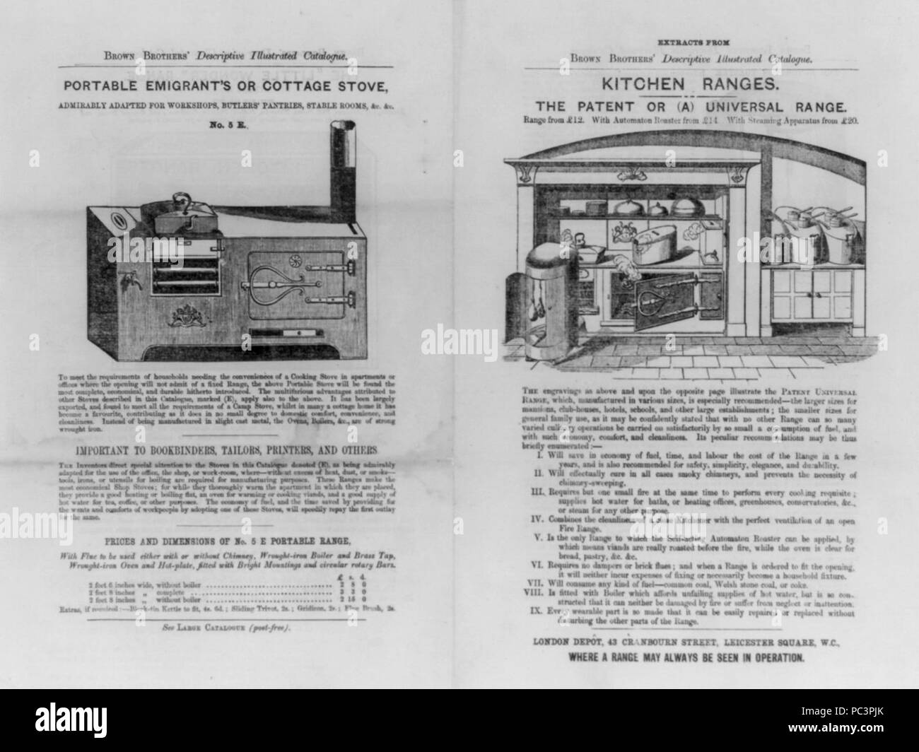 Advertisements for)- 1. Portable emigrant's or cottage stove; 2. Kitchen ranges Stock Photo