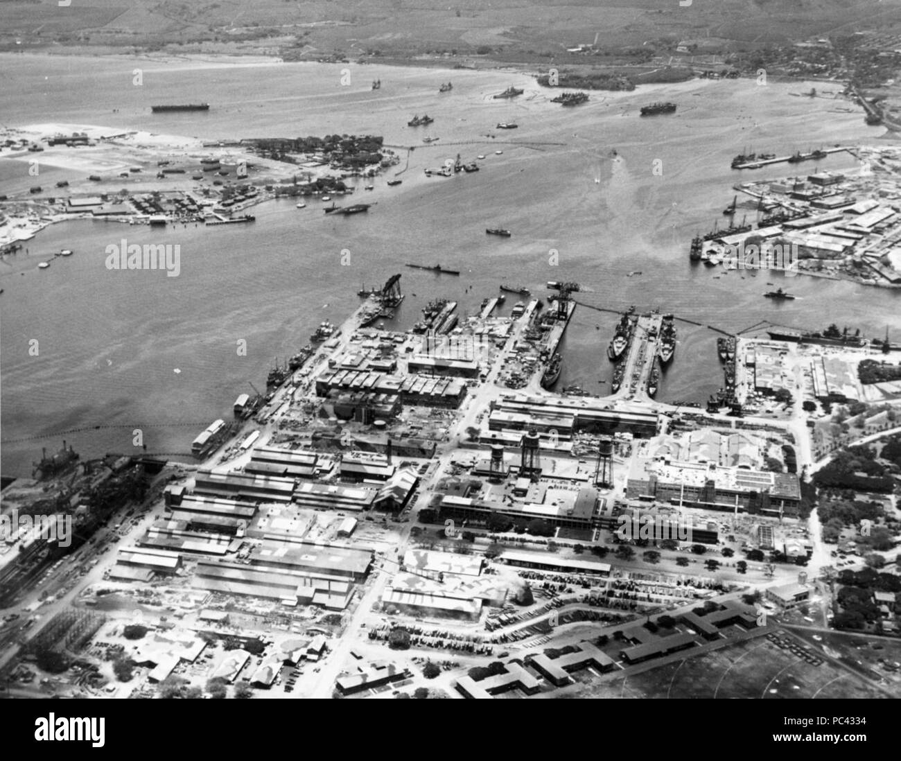 Aerial view of Pearl Harbor from the Navy Yard on 28 July 1942 Stock ...