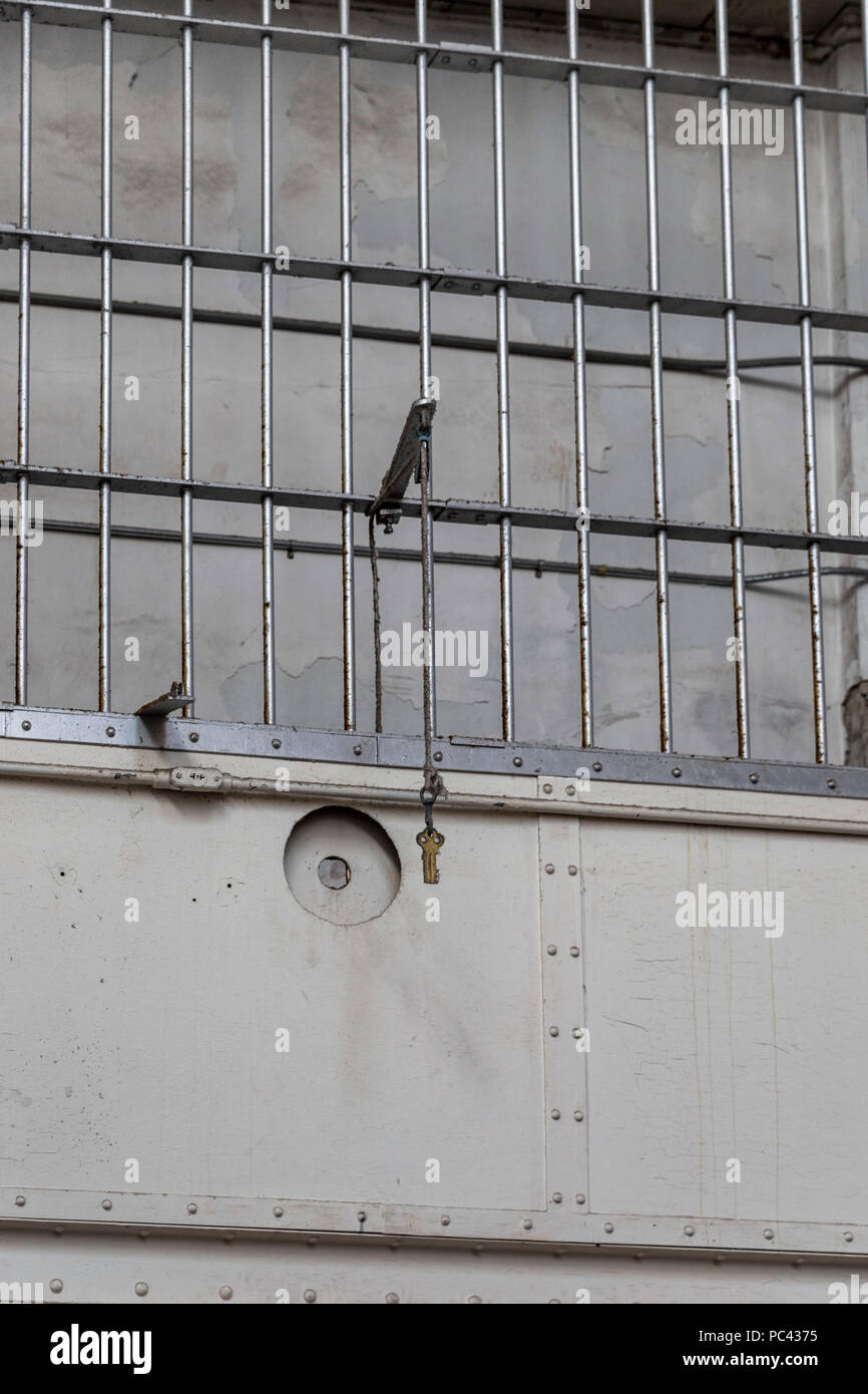 Gun Gallery with hanging key, Alcatraz Island, San Francisco, California, United States of America, Saturday, June 02, 2018. Stock Photo